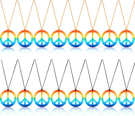 meekoo 16 Pack Peace Necklace Hippie Peace Sign Rainbow Pendant Necklace 60s 70s Costume Accessory Tie Dye Set for Women Men Party Supplies