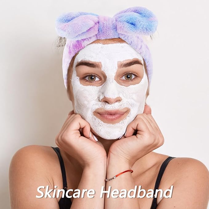 VELSCRUN Spa Headband, Makeup Face Wash Skincare Headbands, 5 Pcs Deep Purple Sponge Bow Tie Get Ready HairBand Facial Wristband Hair Clips Set, Stuff for Teen Girls Women Trendy Hair Accessories