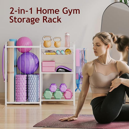 Home Gym Storage Rack - Exercise Equipment Storage Organizer for Yoga Mat Dumbbells Kettlebells Foam Roller & Resistance Bands, Ideal Yoga Mat Holder & Workout Equipment Organizer(White)