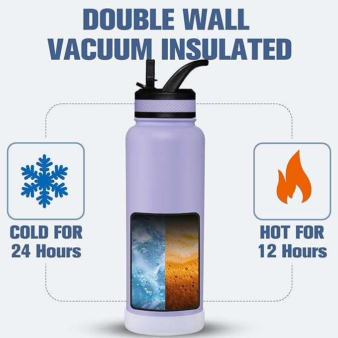 OLDLEY 40 oz Insulated Water Bottle With Straw, Stainless Steel Sports Water Cup Flask with 3 Lids(Straw, Spout and Handle Lid) Double Walled Travel Thermal Canteen Mug,Classic Lavender
