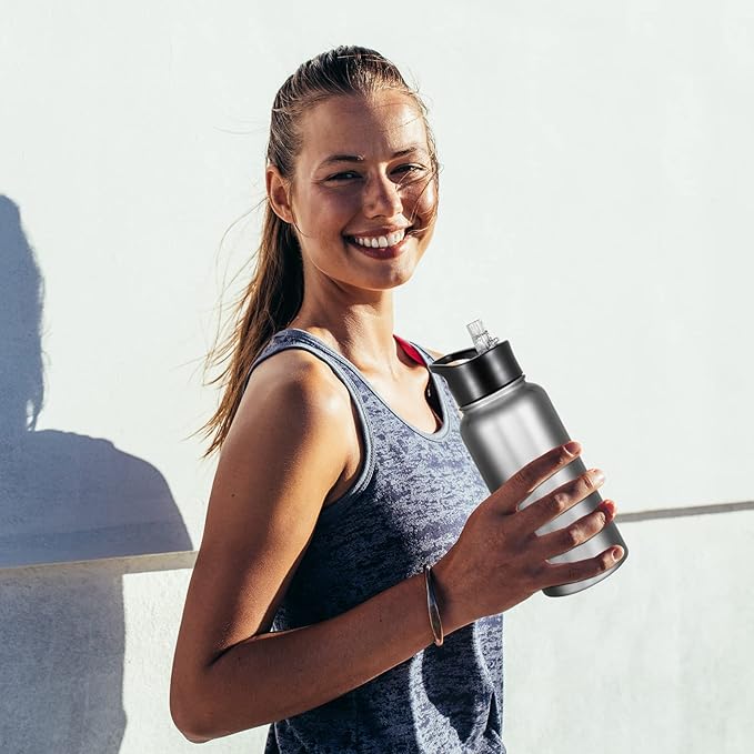 32 oz Insulated Water Bottle Bulk 8 Pack, Stainless Steel Sports Water Bottles with Straw Lid & Wide Mouth Lids, Double Walled Vacuum, Leak Proof, Stainless Steel