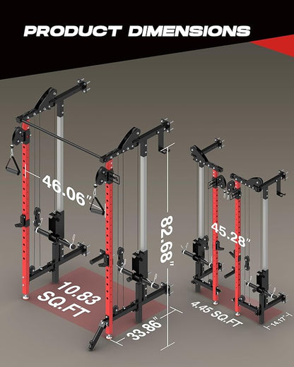 Folding Power Rack, Wall Mounted Squat Rack with Dual Independent Pulley System, Multi-Function Power Cage with 5 Adjustable Function Modes, Power Rack Trainer for Space Saving Home Gym