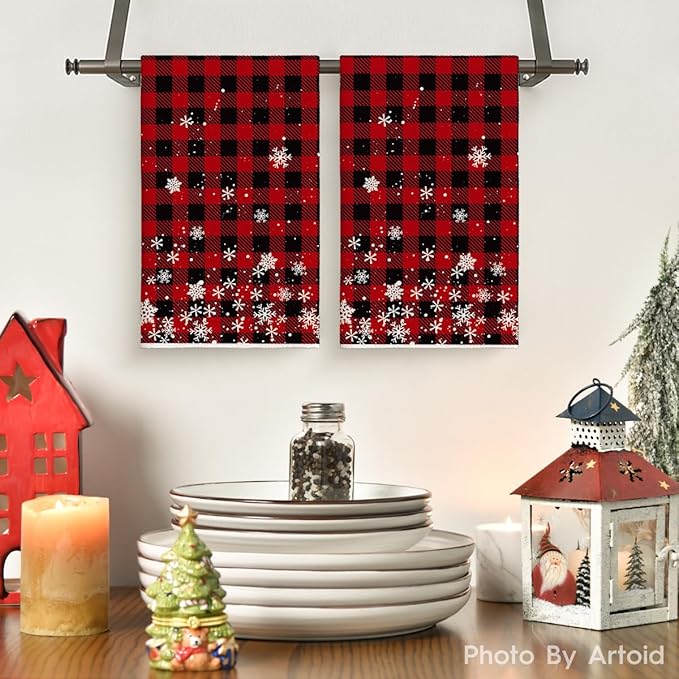 Artoid Mode Red Buffalo Plaid Snowflakes Christmas Kitchen Towels Dish Towels, 18x26 Inch Farmhouse Holiday Winter Decoration Cleaning Set of 2