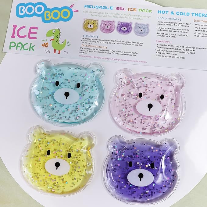 (4 Pcs) Kids Reusable Gel Ice Pack, Boo Boo Ice Pack, Cute Children Gel Ice Pack for Kids Injuries, Kids Cute Lunch ice Pack, Breastfeeding, Wisdom Teeth, Pain Relief, Kids Fever, Headaches