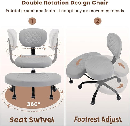 Cross Legged Office Chair with Wheels, Wide Criss Cross Kneeling Home Office Desk Chairs with Back Support, Ergonomic Adjustable Height ADHD Stool with Rotating Footrest for Yoga Meditation