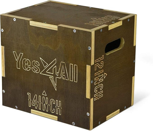 Yes4All Plyo Box, 3-in-1 Wooden Box Jumps for Home Gym (12/14/16 in), 450 lbs Boxes Step Up with Smooth Edges & Wide Built-in Handles for Jumping, Strength Training, Lunges, Squats, Dips