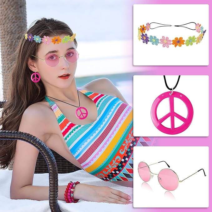 HyperFun Hippie Costume Set Includes Peace Sign Necklace and Earrings, Flower Crown Headband and Colored Hippie Sunglasses