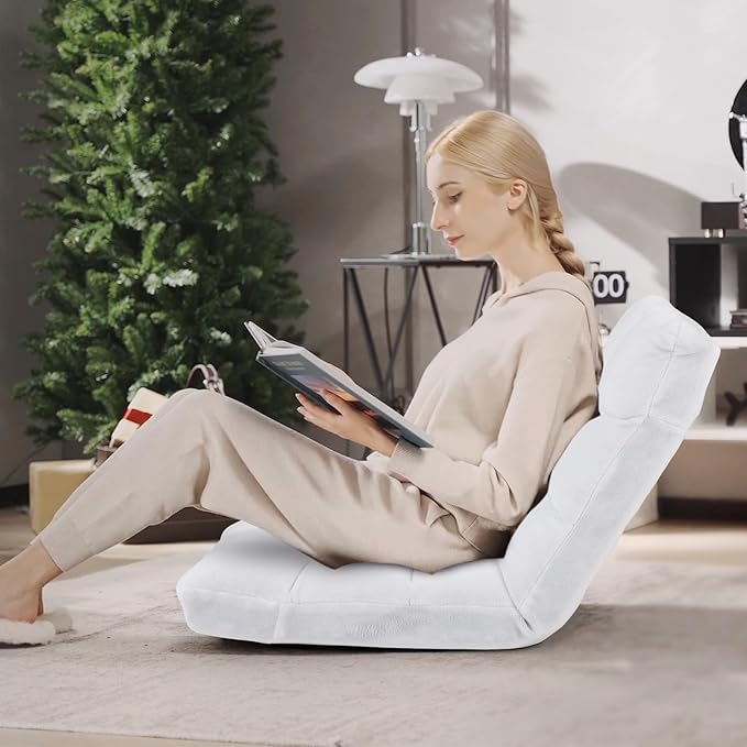 RELAX4LIFE Floor Chair with Back Support - 14-Position Adjustable Lazy Sofa Chair, Padded Sleeper Bed & Couch Recliner for Reading Meditation, Folding Floor Gaming Chair for Adults (White)