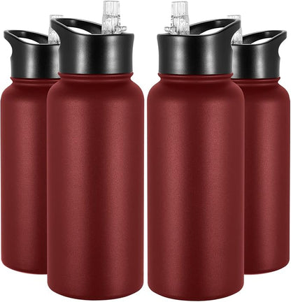 32 oz Insulated Water Bottle Bulk 4 Pack, Stainless Steel Sports Water Bottles with Straw Lid & Wide Mouth Lids, Double Walled Vacuum, Leak Proof, Red