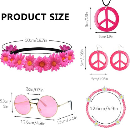 Hippie Costume Accessories Set Peace Sign Necklace Sunglasses Flower Headband Earrings for 60s 70s Outfit Party Women