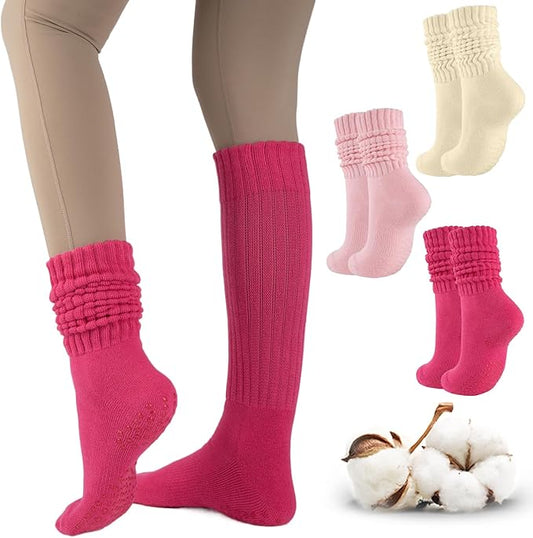 COOVAN Grip Pilates Socks for Women 3 Pairs Yoga Slouch Crew Long Scrunch Slipper Socks for Barre Ballet Dance Hospital