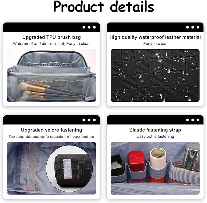 BOYATU Travel Makeup Bag Organizer Cosmetic Bag: 3 Pcs Set Make up Bags for Women with Handle - Waterproof Vegan Leather Toiletry Bags Travel Essentials Pouch with Compartments (01-Black)