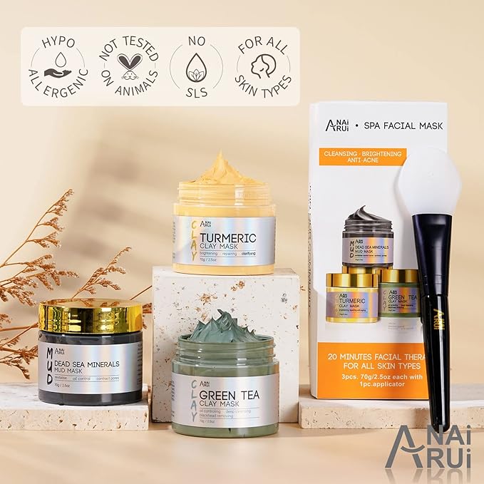ANAI RUI Christmas Face Mask Gift Set, Turmeric Clay Mask - Green Tea Clay Mask - Dead Sea Minerals Mud Mask, Spa Facial Mask Set, Face Mask Gift Set 2.5 oz each