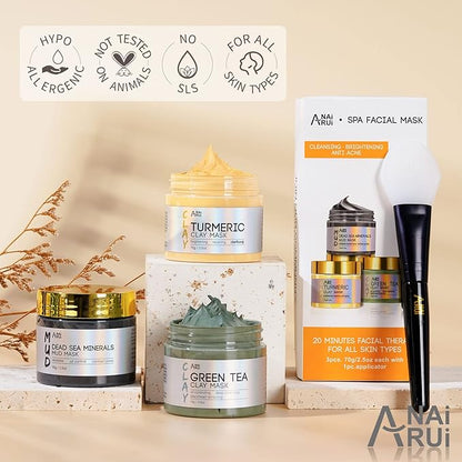 ANAI RUI Christmas Face Mask Gift Set, Turmeric Clay Mask - Green Tea Clay Mask - Dead Sea Minerals Mud Mask, Spa Facial Mask Set, Face Mask Gift Set 2.5 oz each
