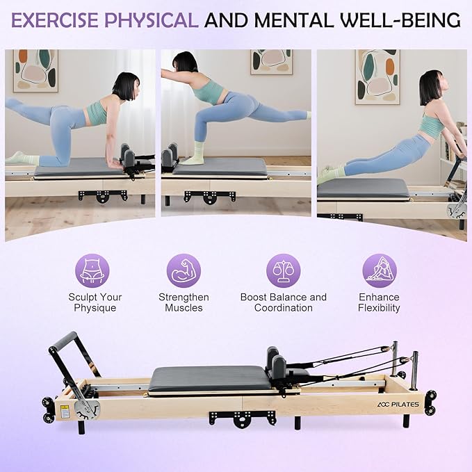 Pilates Reformer, Maple Wooden Foldable Pilates Reformer Machine with 6 Springs,Sitting Box, Padded Jump Board, 660lbs Capacity for Home Workouts Studio Yoga