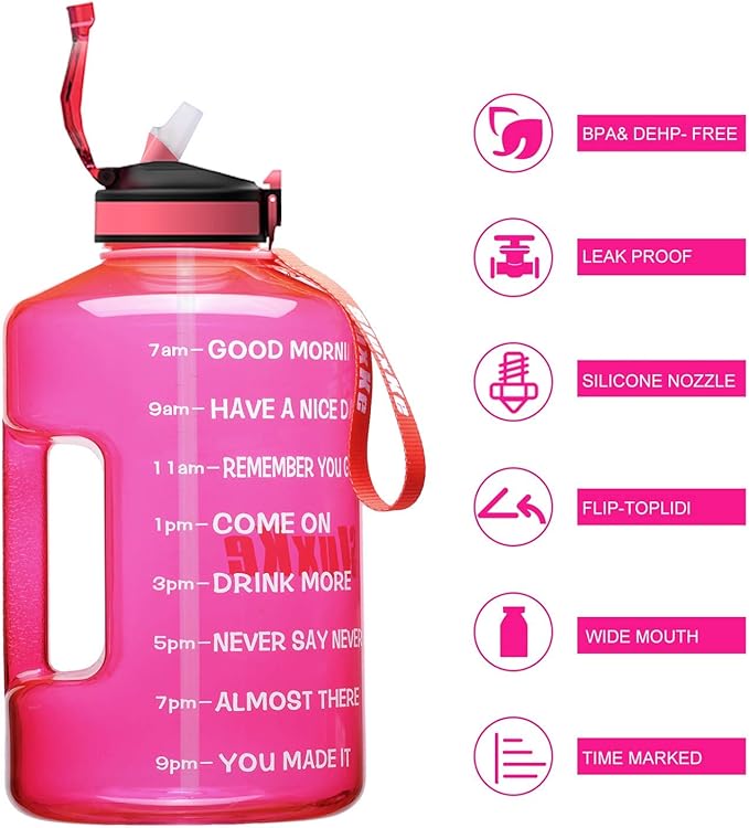 1 Gallon Motivational Sports Water Bottle with Time Marker, BPA Free 128oz Leak Proof Jug, Black, Plastic, 128 ounces, Fitness, Sports, Outdoor Activities