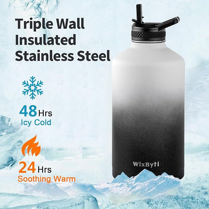 One Gallon Water Bottle Insulated, Triple Wall Vacuum Cold for 48 Hrs & Leak-proof & Non-BPA, 128oz Large Sports Stainless Steel Water Jug with Paracord Handle Straw Spout Lids & DIY Stickers