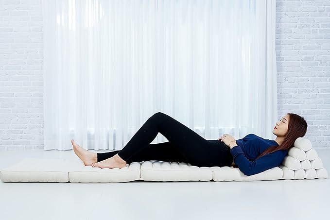 Leewadee Comfortable Japanese Floor Mattress - Thai Floor Bed with Triangle Cushion - Futon Mattress - XL Extra Long Thai Massage Mat, 89 x 20 inches, Ecru, Kapok Filling