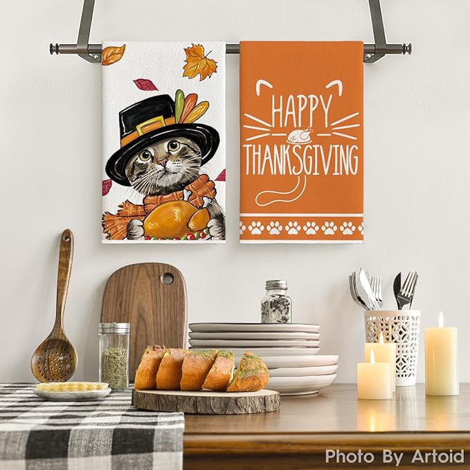 Artoid Mode Cat Turkey Happy Thanksgiving Kitchen Towels Dish Towels, 18x26 Inch Fall Leaves Decoration Hand Towels Set of 2
