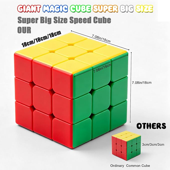 Giant Magic Cube, 18CM Big 3x3 Speed Cube Color-Matching 3D Sensory Puzzle Box Super Large Birthday Christmas Stocking Stuffers Gift for Kids Adults Fidget Toy Brain Teasers Cubing Classroom Speed Toy
