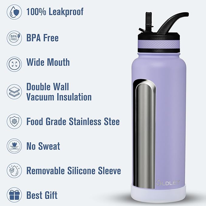 OLDLEY 40 oz Insulated Water Bottle With Straw, Stainless Steel Sports Water Cup Flask with 3 Lids(Straw, Spout and Handle Lid) Double Walled Travel Thermal Canteen Mug,Classic Lavender