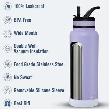 OLDLEY 40 oz Insulated Water Bottle With Straw, Stainless Steel Sports Water Cup Flask with 3 Lids(Straw, Spout and Handle Lid) Double Walled Travel Thermal Canteen Mug,Classic Lavender