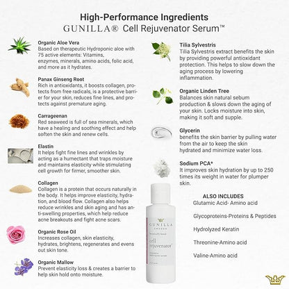 GUNILLA Cell Rejuvenator | Plant-Based Anti-Aging Facial Serum | Hydrates, Firms & Smooths for Radiant Skin | With Collagen, Elastin, Ginseng & Vitamins A, B, C & D | Vegan, Spa-Grade Skincare 4oz