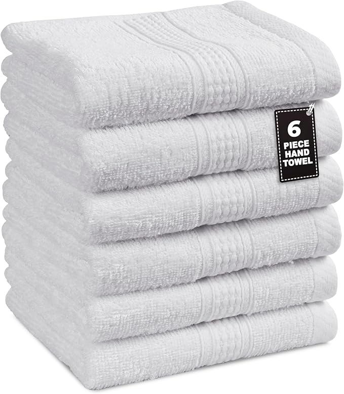 LANE LINEN 6 Pack Hand Towels (16"x28") - Spa & Hotel Quality - 100% Cotton, Ring Spun - Quick Dry, Ultra Soft & Absorbent - Used for Salon, Gym, Bathroom, Beauty - Pre Shrunk - White Hand Towels Set
