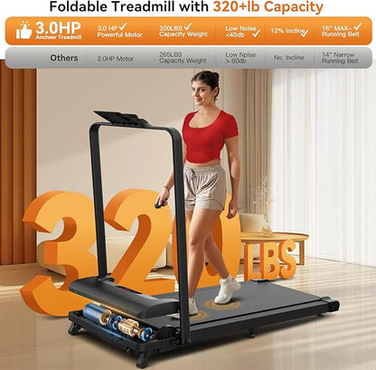ANCHEER Foldable Treadmill with 12% Incline, 3.0HP Walking Pad Treadmills with Handle Bar, 320LBS Capacity/2S Folding/Widened Belt, Quiet Portable Walking Treadmill Under Desk with LED