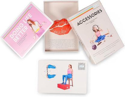OnlinePilatesClasses Pilates Accessories Flashcards, 79 All-Levels Illustrated Cards Deck Set, Low Impact Home Fitness Workouts Guide with Postures & Routines, Workout Planner with Tips and Videos