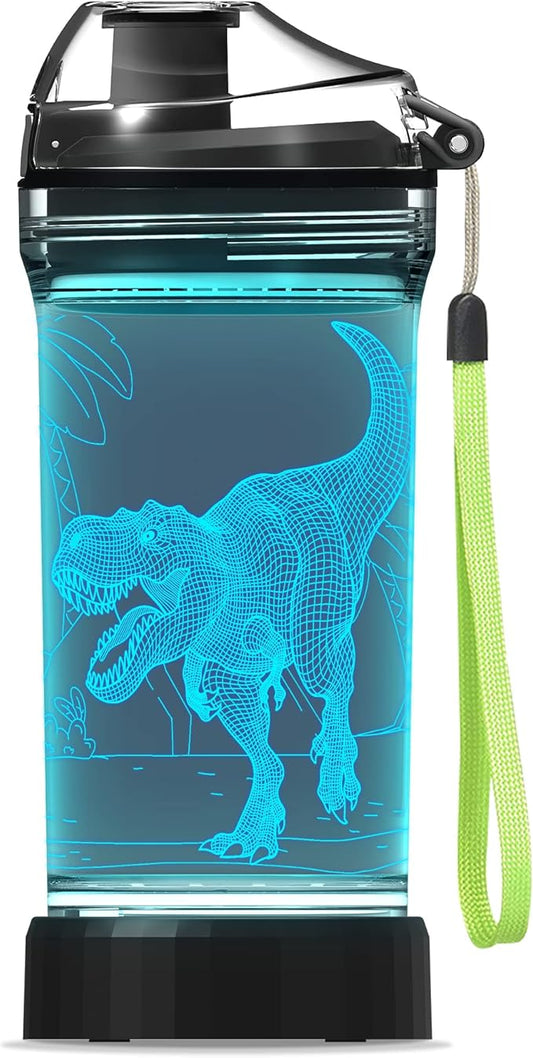 Lightzz Dinosaur Water Bottle, Dinosaur Toys for Kids 5-7 8-12 with 3D Glowing Light, 14 OZ Tritan BPA Free Cup, Dinosaur Gifts for Boys School Kid Child Holiday Camping Picnic
