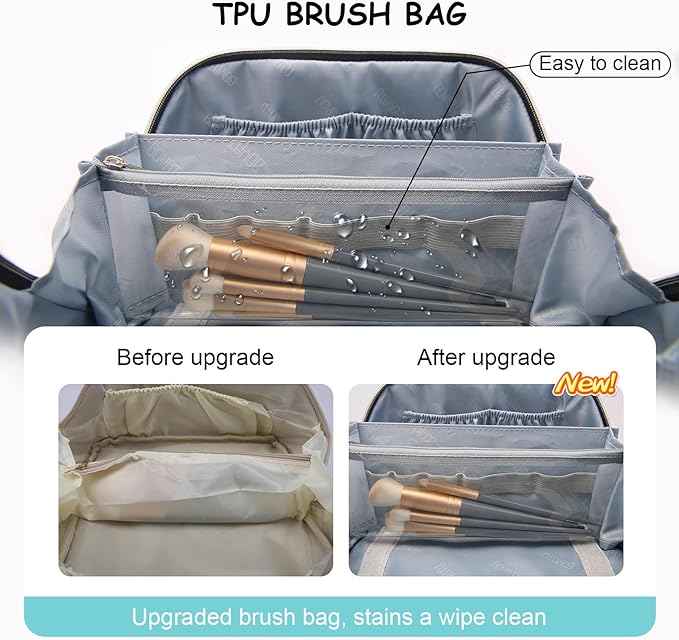 BOYATU Travel Makeup Bag Organizer Cosmetic Bag: 3 Pcs Set Make up Bags for Women with Handle - Waterproof Vegan Leather Toiletry Bags Travel Essentials Pouch with Compartments (C-02-Blue)