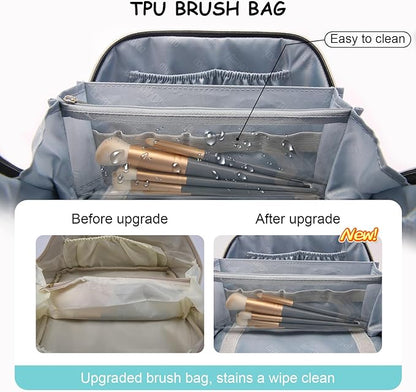 BOYATU Travel Makeup Bag Organizer Cosmetic Bag: 3 Pcs Set Make up Bags for Women with Handle - Waterproof Vegan Leather Toiletry Bags Travel Essentials Pouch with Compartments (C-02-Blue)