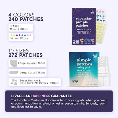 Livaclean 240 CT Star Pimple Patches for Face + 272 CT Variety Pack Large Acne Patches for Face and Body w/Tea Tree Oil, Salicylic Acid | Hydrocolloid Acne Patch | Cute Star Pimple Patch
