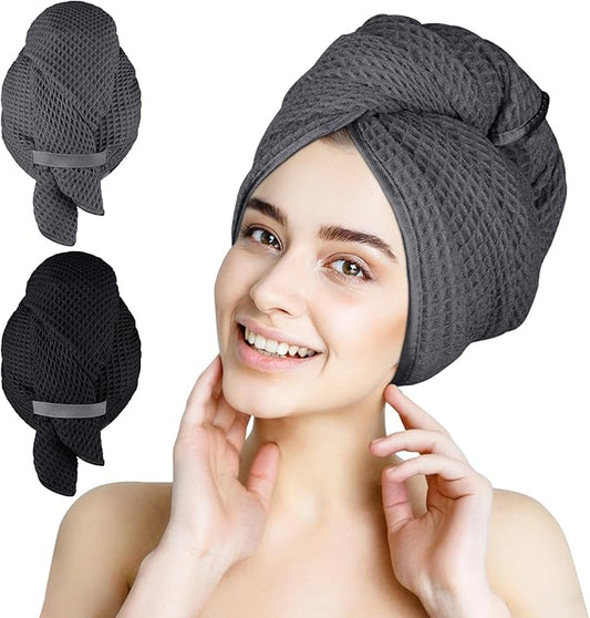 HOMEXCEL 2 Pack Microfiber Hair Towels Waffle Weave- 40 x 26.5 inches Fast Drying Turbans for Long, Thick, Curly Hair - Anti Frizz Wrap with Elastic Strap, Black/Grey