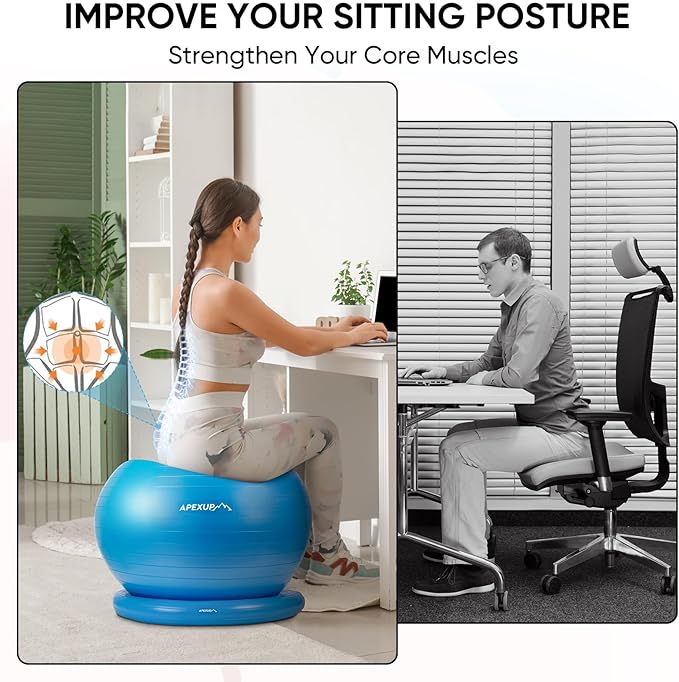 APEXUP Yoga Ball Chair, Exercise Ball Chair with Base for Office, Anti Slip Stability Ball Fitness Ball Seat, Home Gym Workout Ball, Balance Ball with Pump (Blue, L)