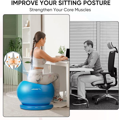APEXUP Yoga Ball Chair, Exercise Ball Chair with Base for Office, Anti Slip Stability Ball Fitness Ball Seat, Home Gym Workout Ball, Balance Ball with Pump (Blue, L)