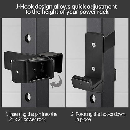 J Hooks for 2" x 2" Power Rack, Rubber Pad J-Hook for Power Cage, Bottom Reinforced Steel J Cups for Squat Rack, Heavy Duty Barbell Holder, Black