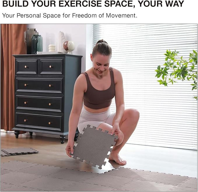 AIRHOP 18 Tiles Gym Floor Mat, EVA Foam Puzzle Gym Mat, High-Density Interlocking Foam Floor Tiles for Home Gym, Play Workout Garage Kitchen Flooring