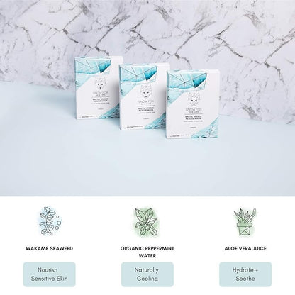 Snow Fox Skincare - Arctic Breeze Rescue Mask - Peppermint Oil, Aloe Vera, Seaweed Extract | Hydrating, Soothing Skin Redness & Irritation | Post-Sun Recovery | Premium Organic Cotton - 5 Pack