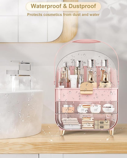 Makeup Organizer with Lipstick Holder, Skincare Organizers Storage Box Cosmetic Display Cases, Teen Girl Gifts Make up Organizers for Vanity, Dresser, Countertop, Bathroom(Pink)