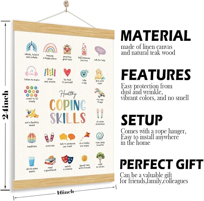 YGSDZY Coping Skills Poster, Wood Poster Hanger, Therapy Office Decor, School Psychology, Classroom Decor, Mental Health Posters, Therapy Wall Art Decoration, Mental Health Wall Decoration
