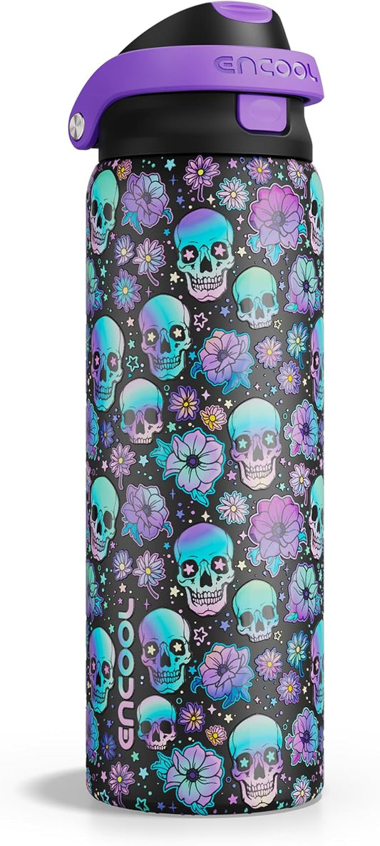 Halloween Gothic Water Bottle with Straw, Stainless Steel Insulated Water Bottle,Leak Proof, One-Touch Flip Lid, BPA Free, Holiday Gifts For Women Men, 32oz, Floral Afterlife