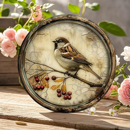 A Vintage Bird with a Cherry Round Wooden Sign, 8X8 Inches,Printed Wooden Wall Art, Suitable for Home, Kitchen, Garden, And Office Decor - The Perfect Holiday Gift.