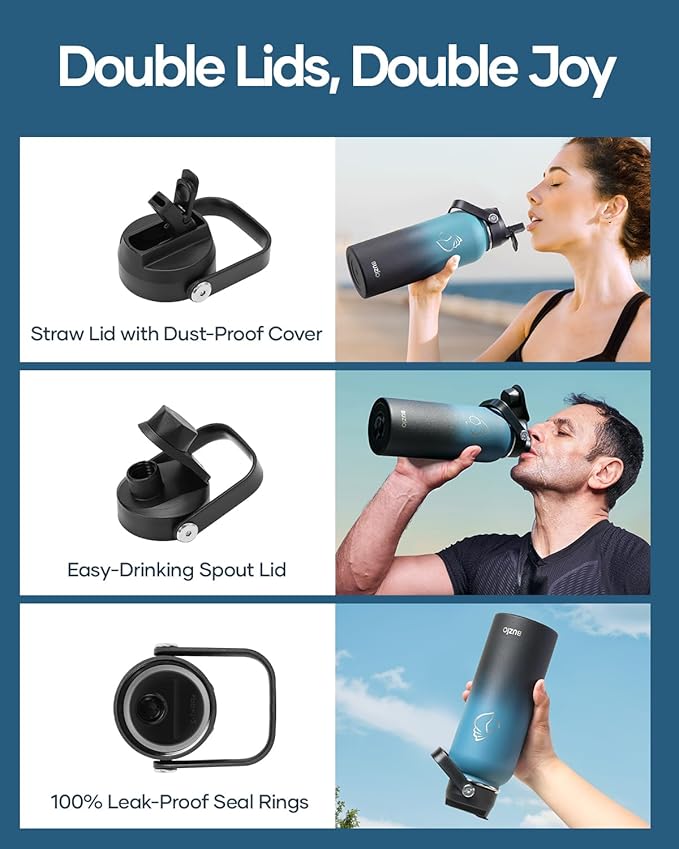 BUZIO 40 oz Insulated Water Bottle, Keep Cold 48h Stainless Steel Water jug with Straw Lid and Carrying Pouch, Lead-Free Leak Proof Double Wall Vacuum Metal Canteen for Sports Gym Beach, Indigo Crush
