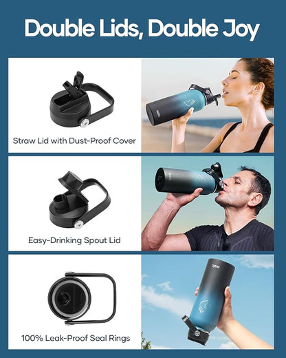 BUZIO 40 oz Insulated Water Bottle, Keep Cold 48h Stainless Steel Water jug with Straw Lid and Carrying Pouch, Lead-Free Leak Proof Double Wall Vacuum Metal Canteen for Sports Gym Beach, Indigo Crush