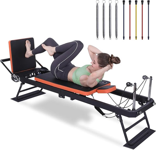 Pilates Reformer,Foldable Pilates Machine for Home Use and Gym Workout,Suitable for Advanced and Beginners Users ,Pilates Equipment with 4 Springs&5 Resistance Cords