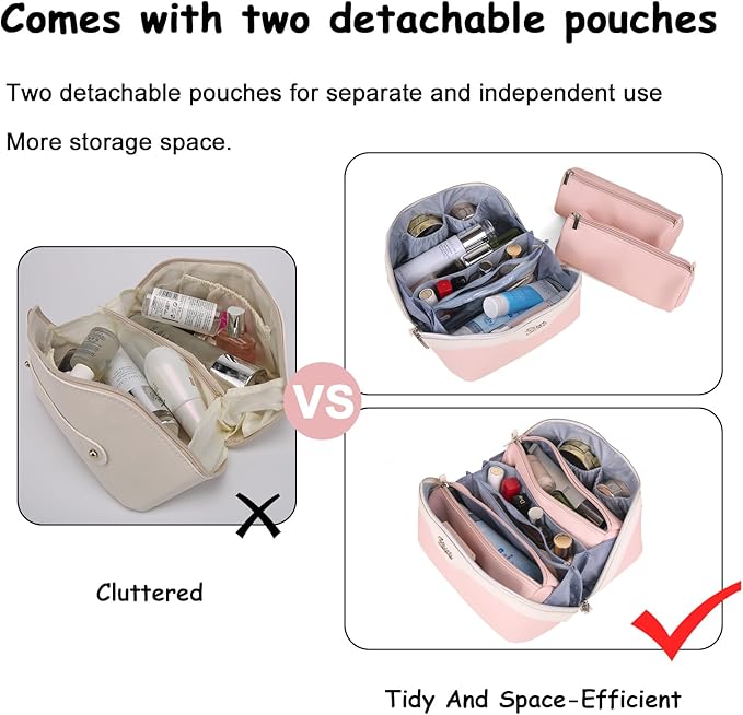 BOYATU Travel Makeup Bag Organizer Cosmetic Bag: 3 Pcs Set Make up Bags for Women with Handle - Waterproof Vegan Leather Toiletry Bags Travel Essentials Pouch with Compartments (D-04-Pink)