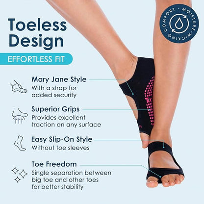 Tucketts Toeless Pilates Socks with Grips for Women, Non-Slip Yoga & Barre Socks for Stability & Barefoot Workouts, Size 6-13