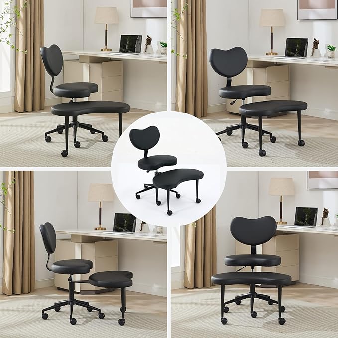 Meditation Chair with Wheels, Ergonomic Criss Cross Chair, Adjustable ADHD Floor Sitting Chair, Swivel Cross Legged Office Chair with High Back, Kneeling Posture Chair, Pu Leathe,Black